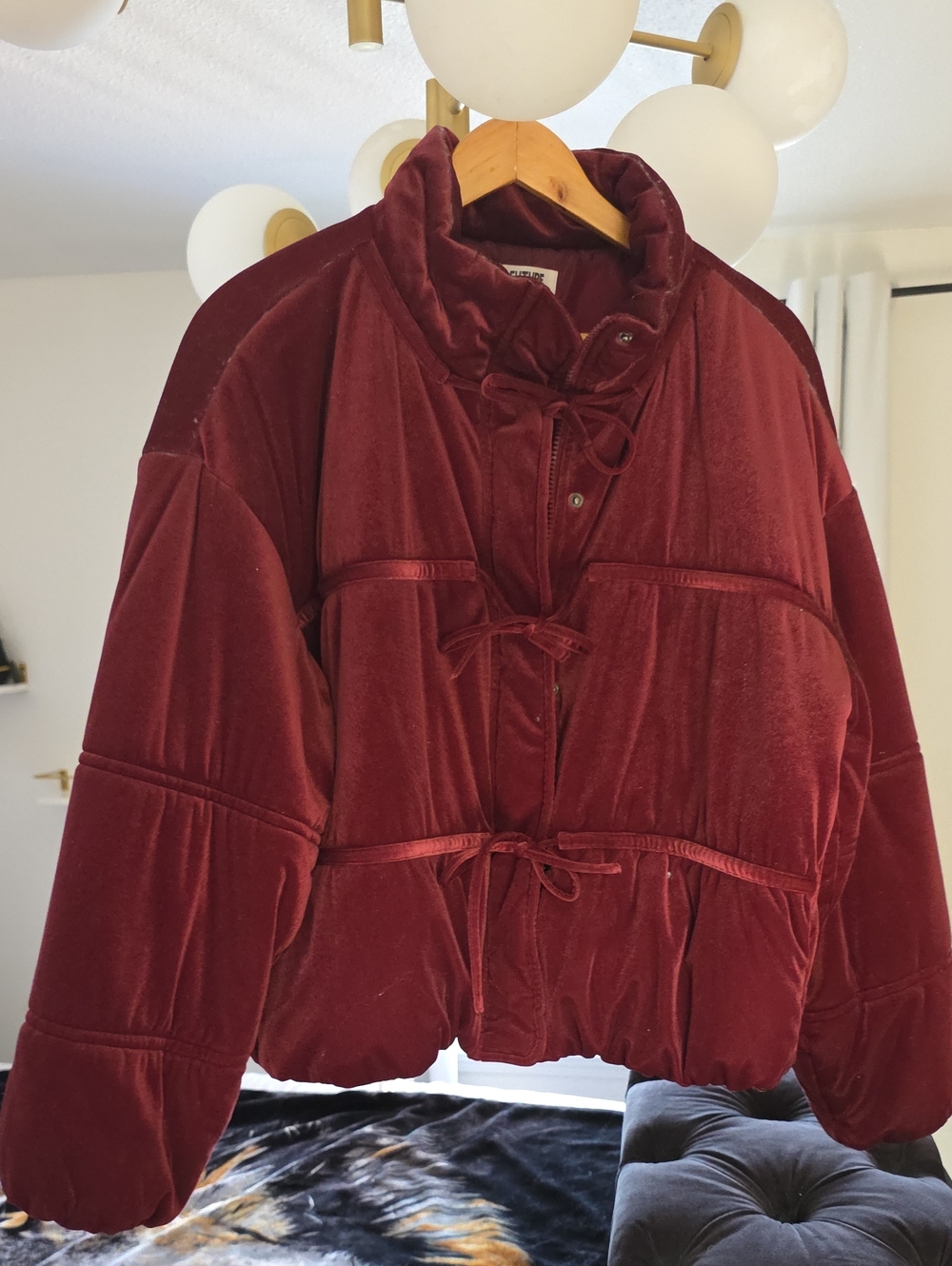 Velvet Tie-Front Puffer Jacket in Deep Burgundy - Unbranded